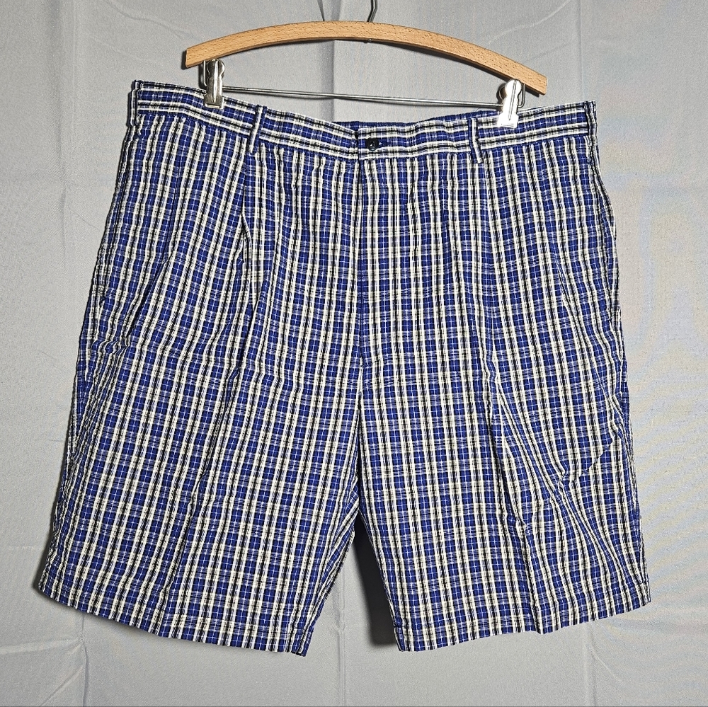 Land's End Seersucker Blue Black Pleated Shorts Size 42 NWT